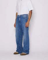 Wide leg jeans with metal holes on the front